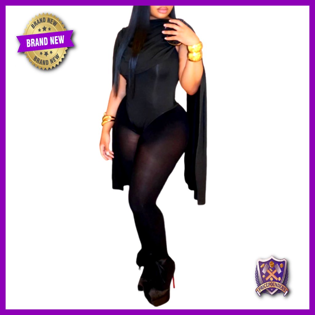 Sexy Two Piece Jumpsuit Set Cap Sleeve Cowl Neck Bodysuit Mesh Tights